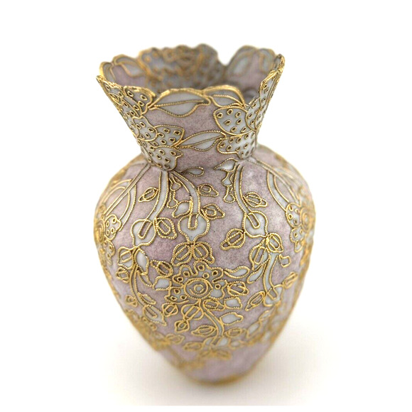 LOVELY - VTG Cloisonne Enamel Pink & Gold Flowers Vase 5 1/4in tall Twisted Wire - Picture 2 of 10